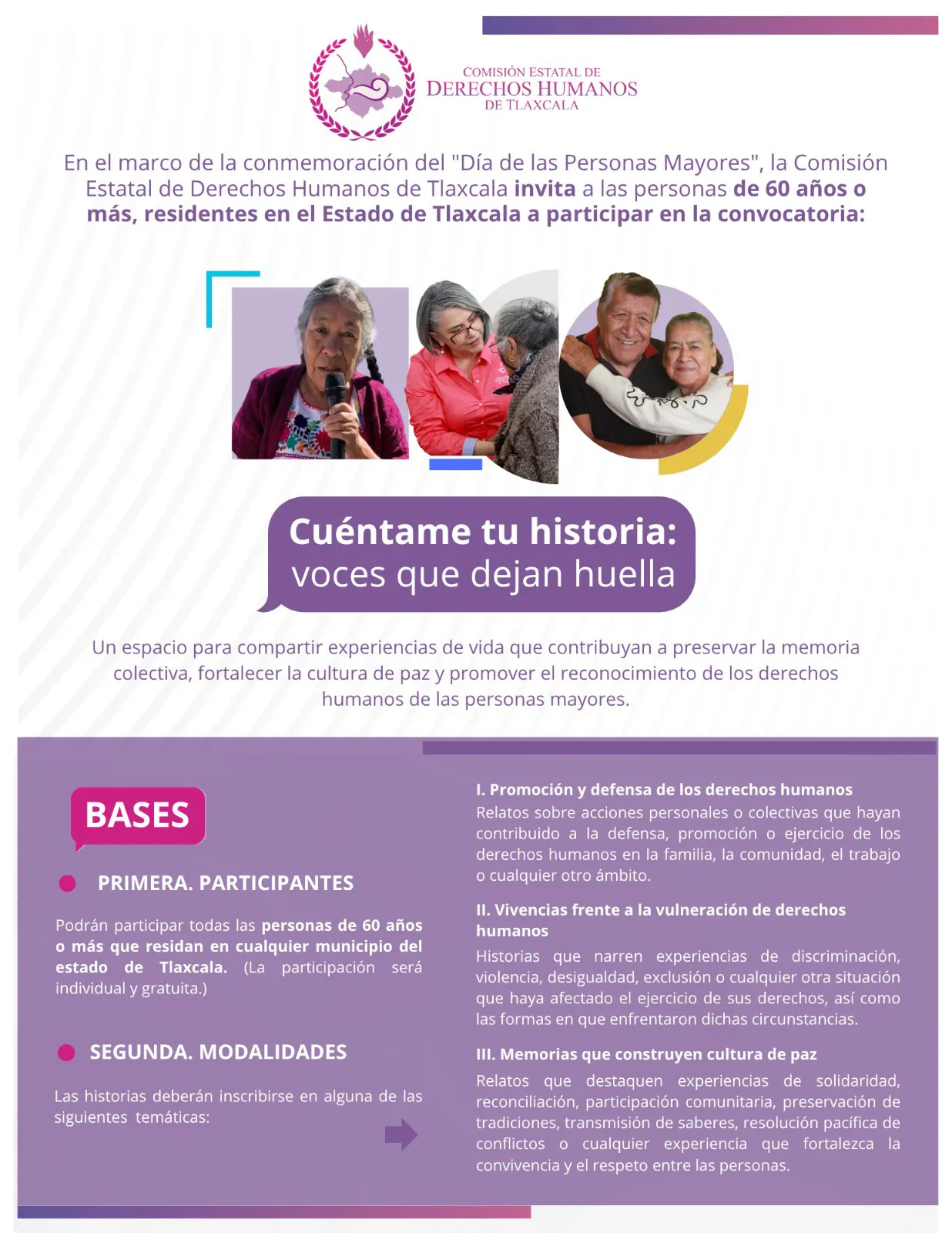 Convoca CEDHT a personas mayores a participar en la convocatoria “Cuéntame tu historia: voces que dejan huella”