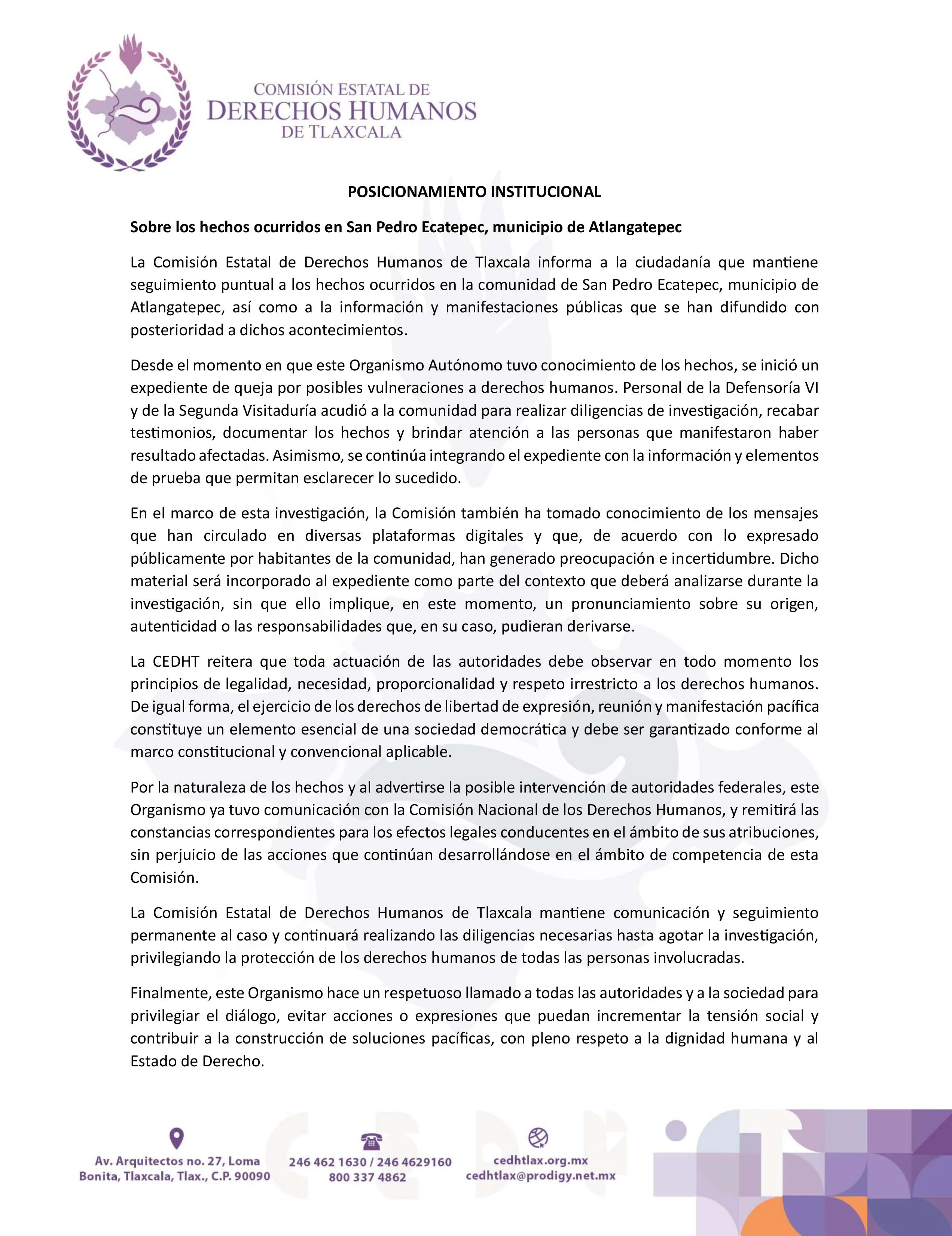 Sobre los hechos ocurridos en San Pedro Ecatepec, municipio de Atlangatepec
